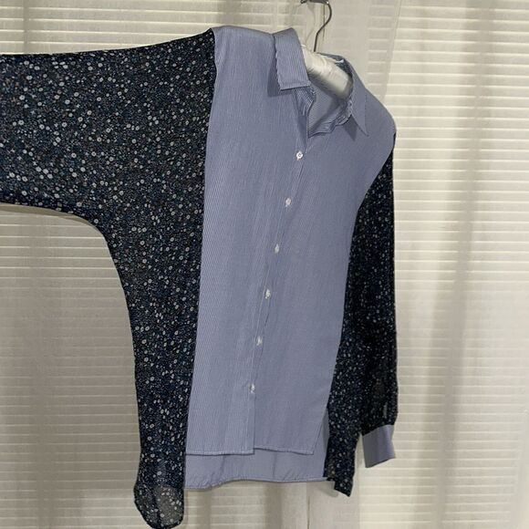 ZARA S Pin Stripe Ditsy Floral Sheer Bat Wing Oversized Button Front Shirt - Picture 8 of 13